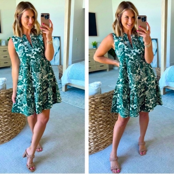 Sundry Dresses & Skirts - SUNDRY For Evereve The Everyday Dress Tiered Tropical Palm Leaf Green White Sz 2